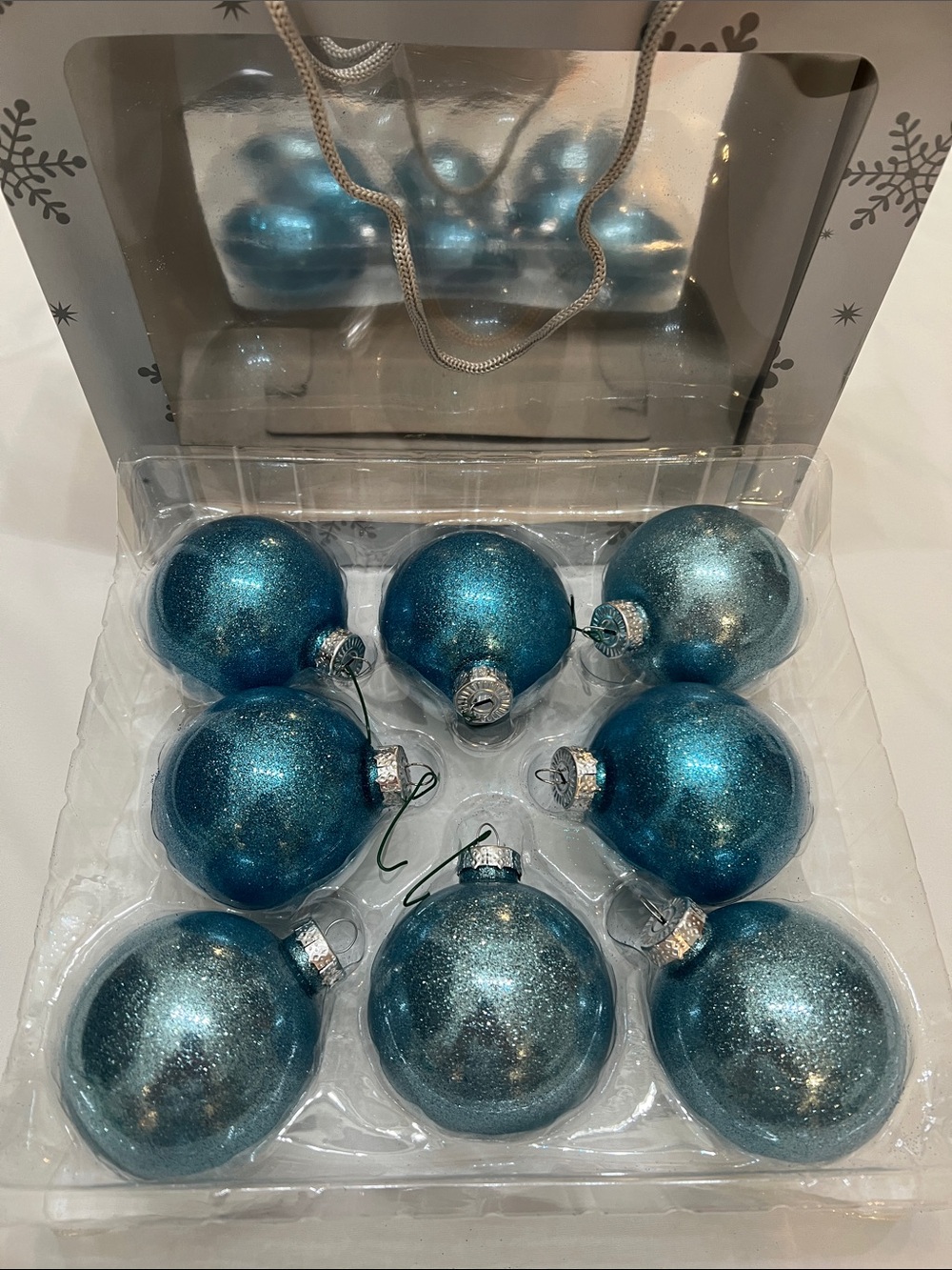 Set of 8 Glitter Teal Blue Holiday Ornament Shatter Proof 2”5/8 Vibrant